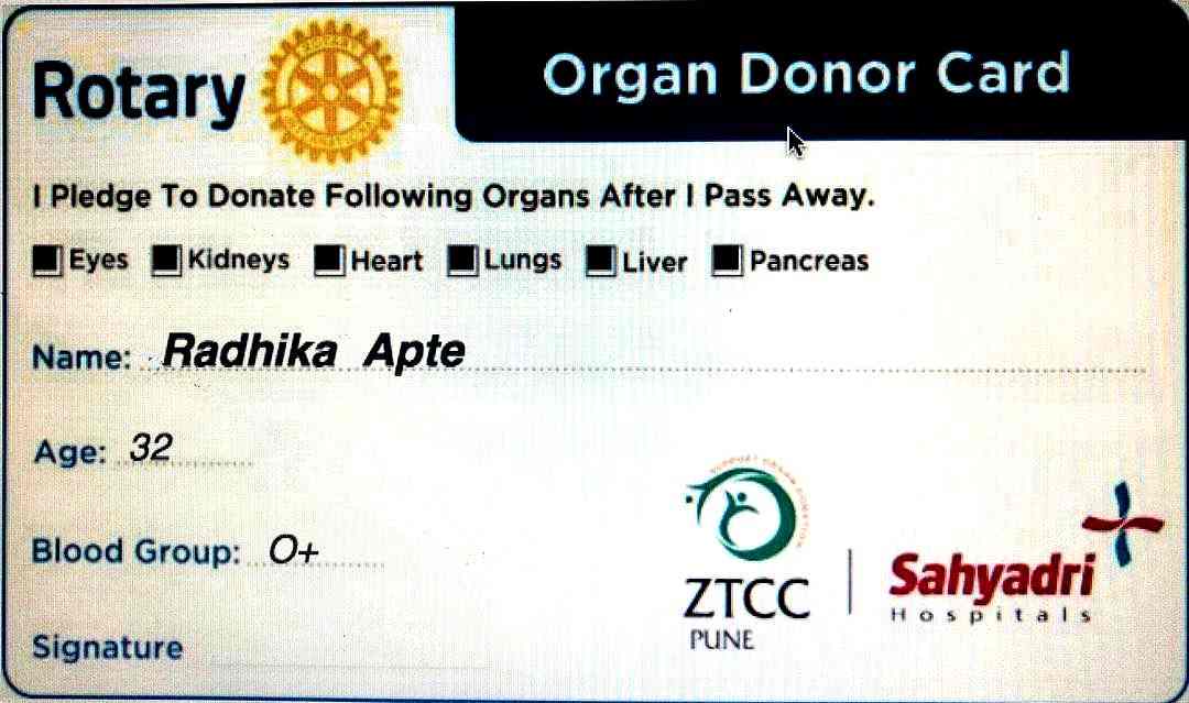 Radhika Apte organs donor card